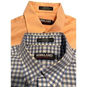 Kirkland Signature Mens Lot Of 2 Cotton Dress Shirt Coral Blue Gingham Sz 16 1/2